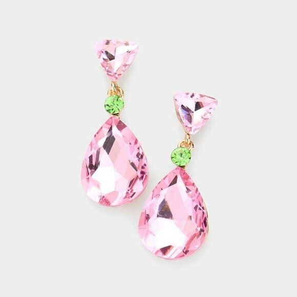 Triangle Round Teardrop Stone Pink and Green Evening Earrings - Picture 1 of 6